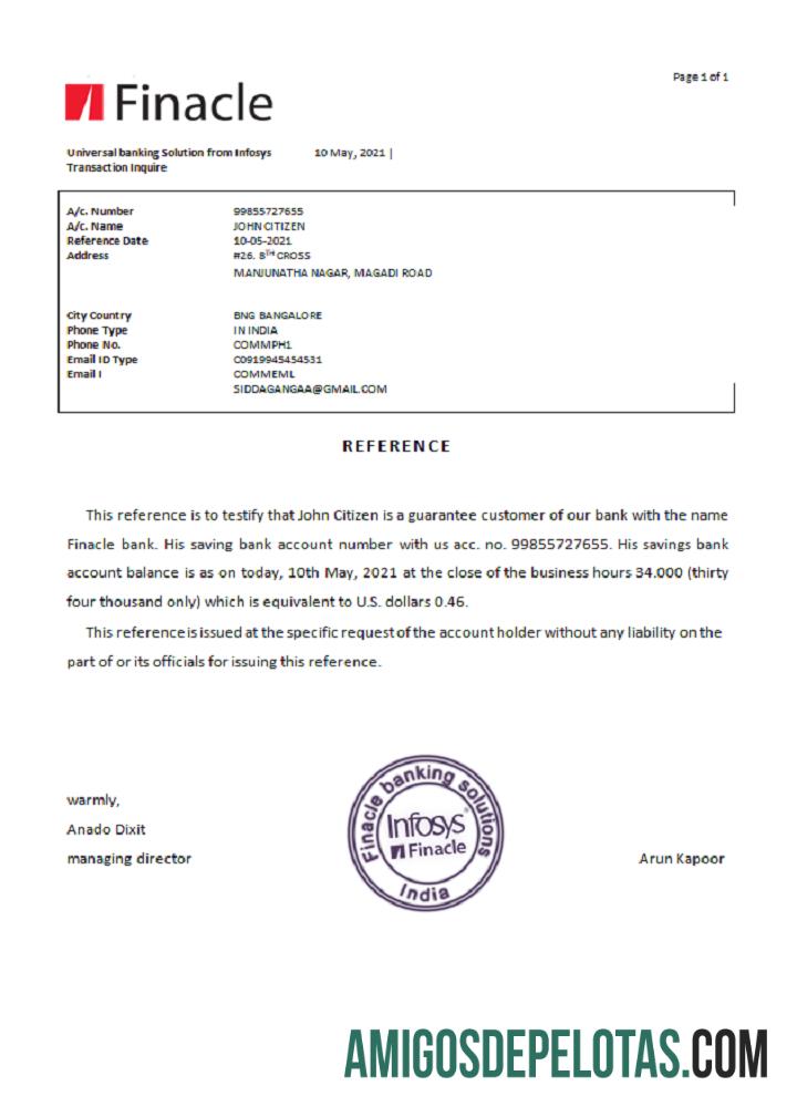 Referência do Banco Finacle da Índia exemplo real